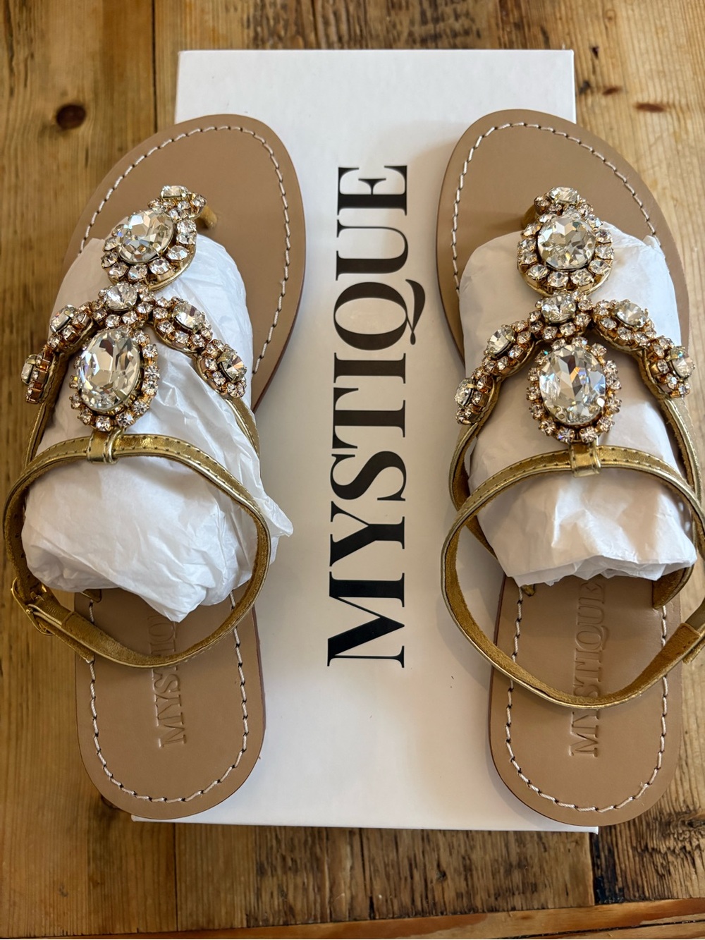 Mystique Boutique Gold Jeweled T-Strap Sandals - Picture 2 of 4